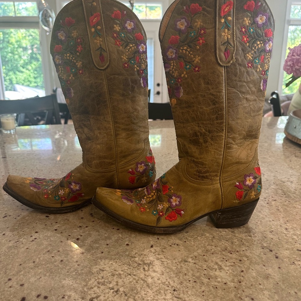 Old Gringo Purple and Brown Heeled Boots with Floral Embroidery